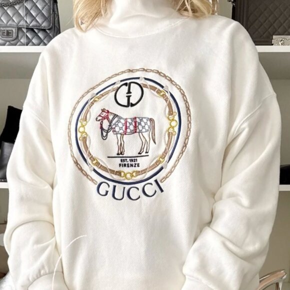Preloved Gucci Horse-Embroidered Felted-Cotton Sweatshirt SZ M - Picture 1 of 6